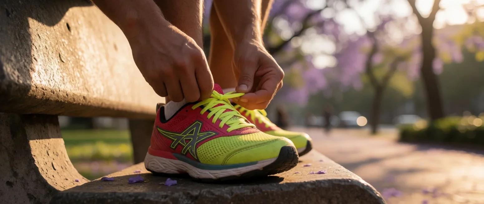 Persona atándose los zapatos de entrenamiento en un parque de la Ciudad de México