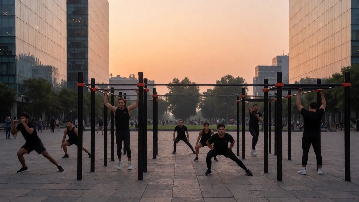 Entrenamiento funcional al aire libre en la ciudad de México al atardecer