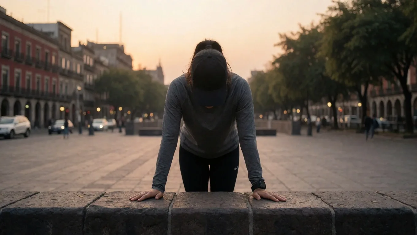 Principiante haciendo flexiones en un parque al atardecer en la Ciudad de México