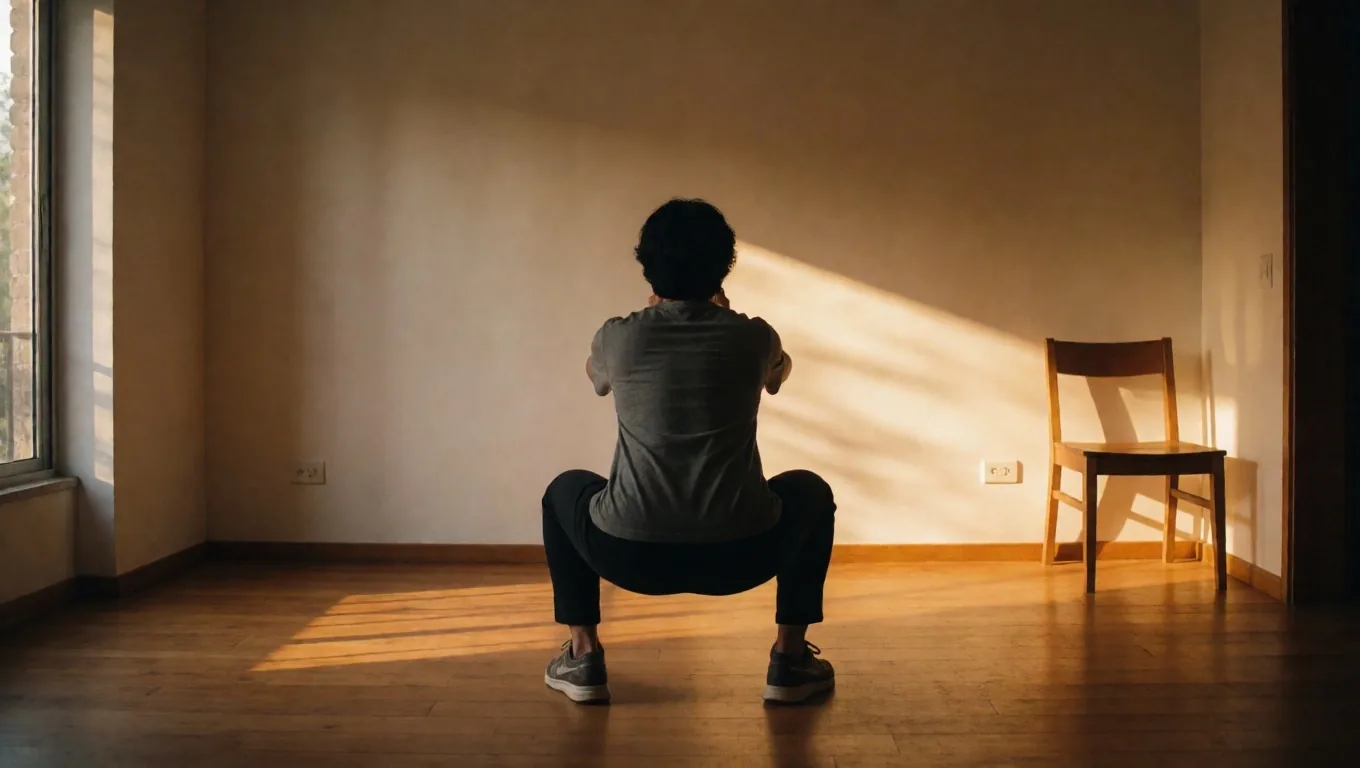 Persona realizando sentadillas en una sala iluminada por la luz del atardecer