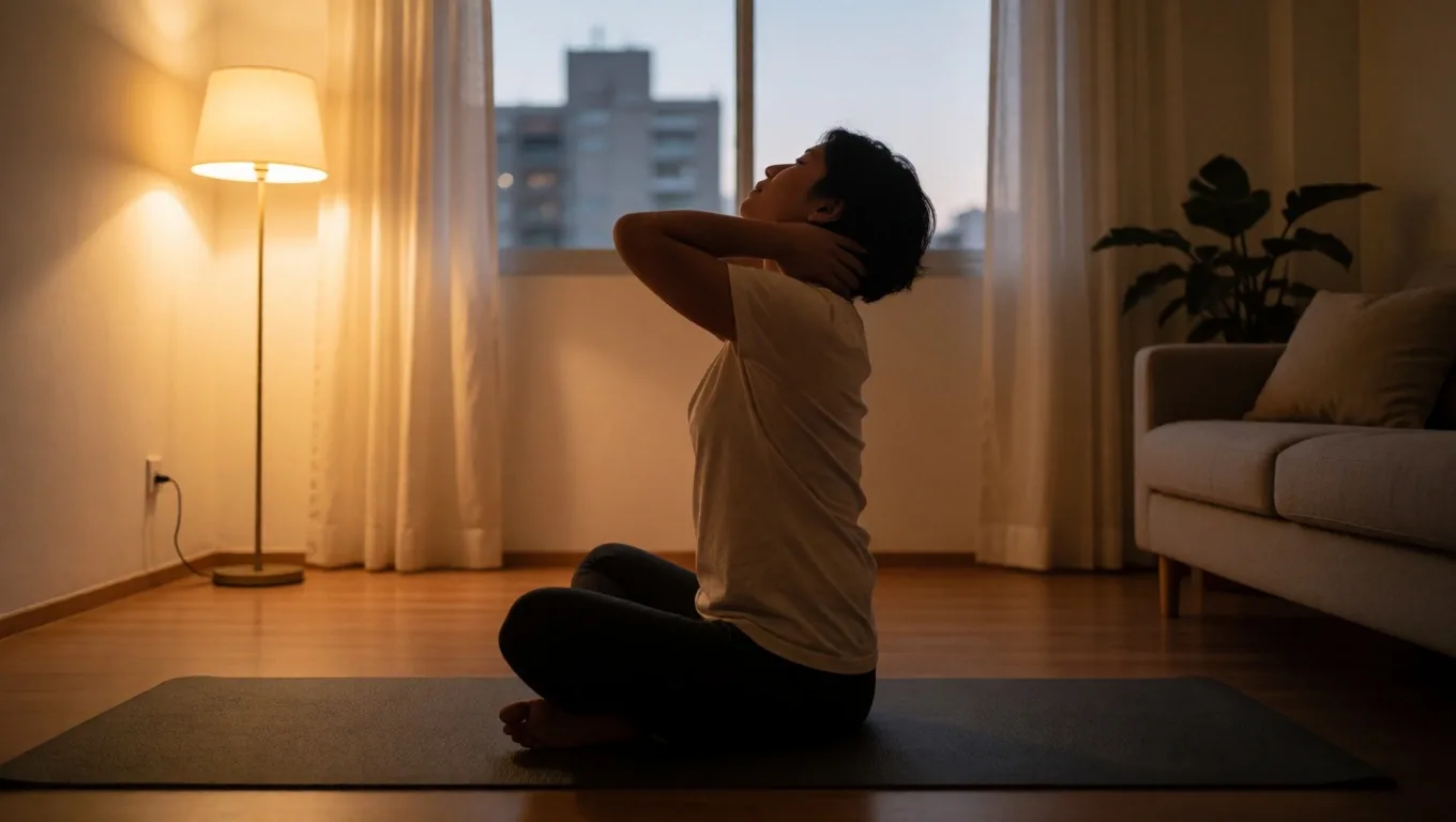 Persona enfriando después de entrenar en casa al atardecer
