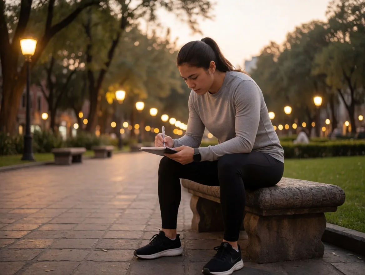 Registro de hábitos de entrenamiento en un parque al atardecer