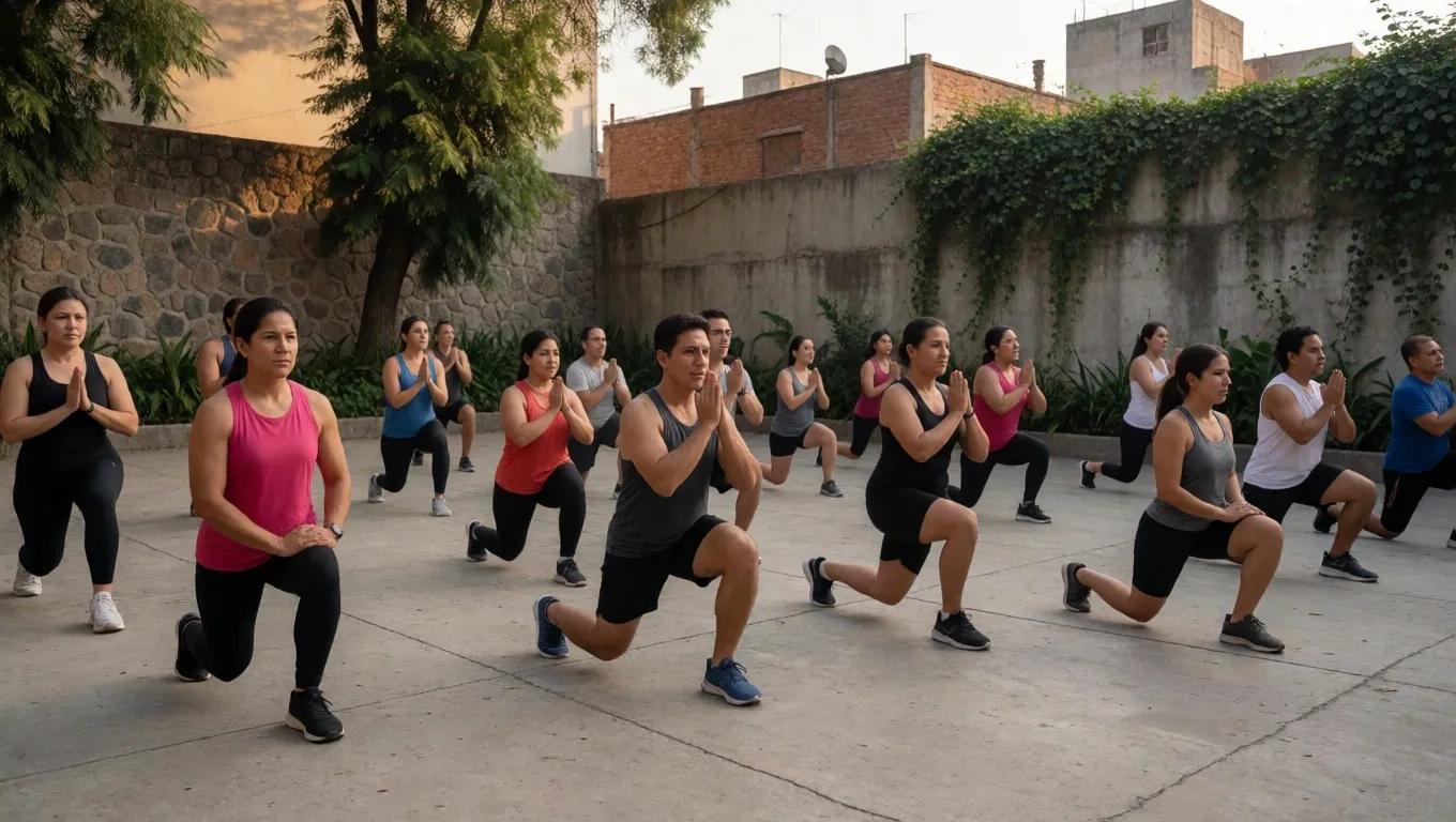 Grupo de personas entrenando juntas en un parque público de la Ciudad de México